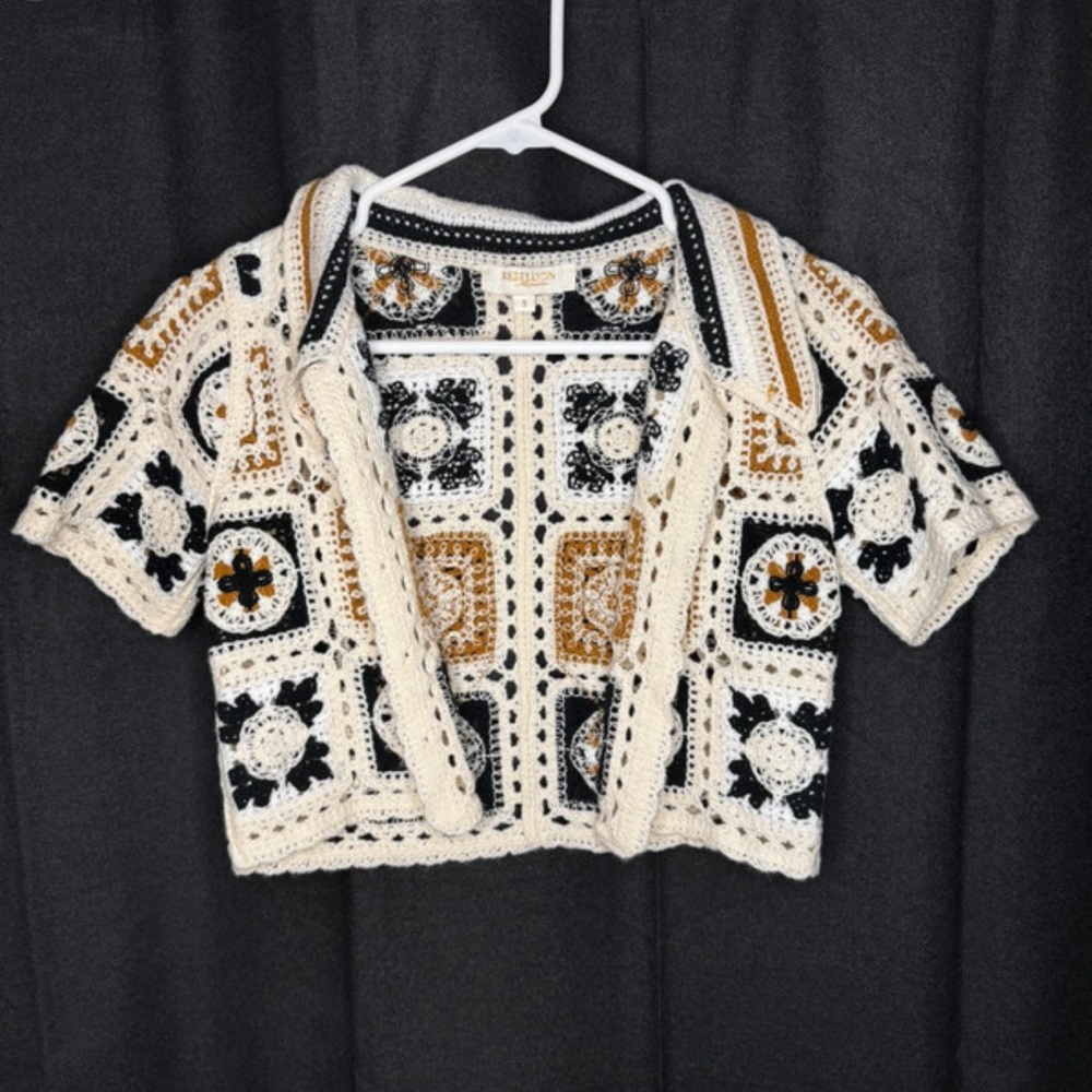 Rebellion Crochet Boxy Cardigan in Cream, Black & Gold